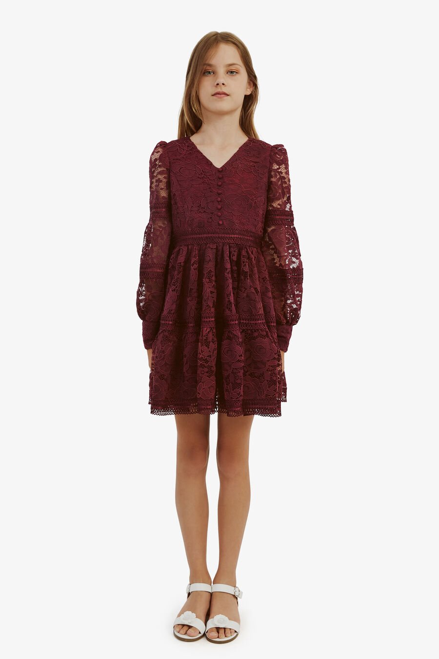 VENICE LACE MINI DRESS in colour BURGUNDY