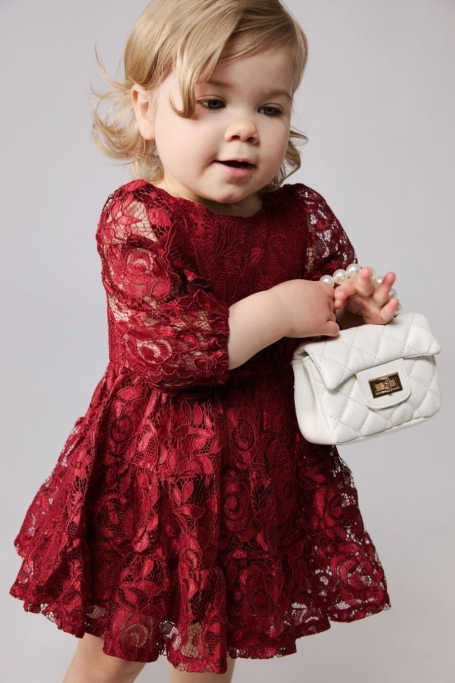 SIENNA TIERED LACE DRESS in colour Deep Red