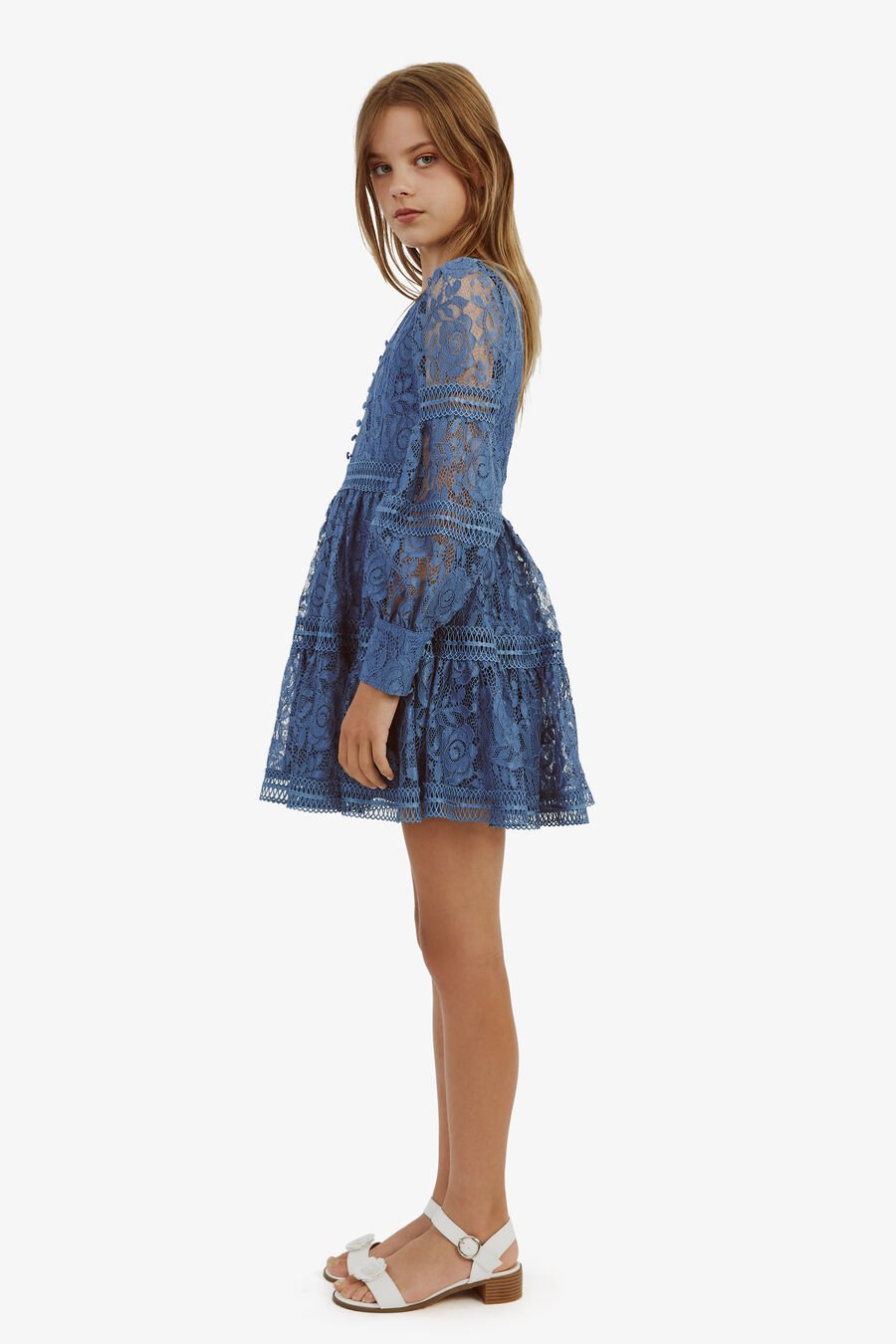 VENICE LACE MINI DRESS in colour STEEL BLUE