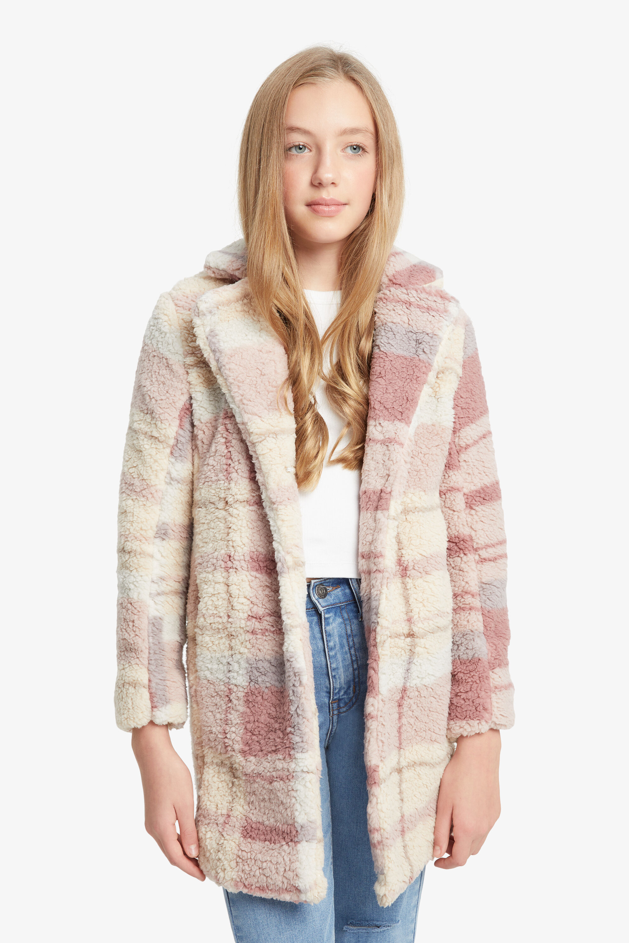 Check Fur Coat In Pink Check Bardot Junior