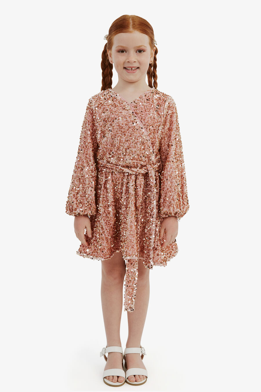 VELOUR SEQUIN WRAP DRESS in colour DUSTY PINK