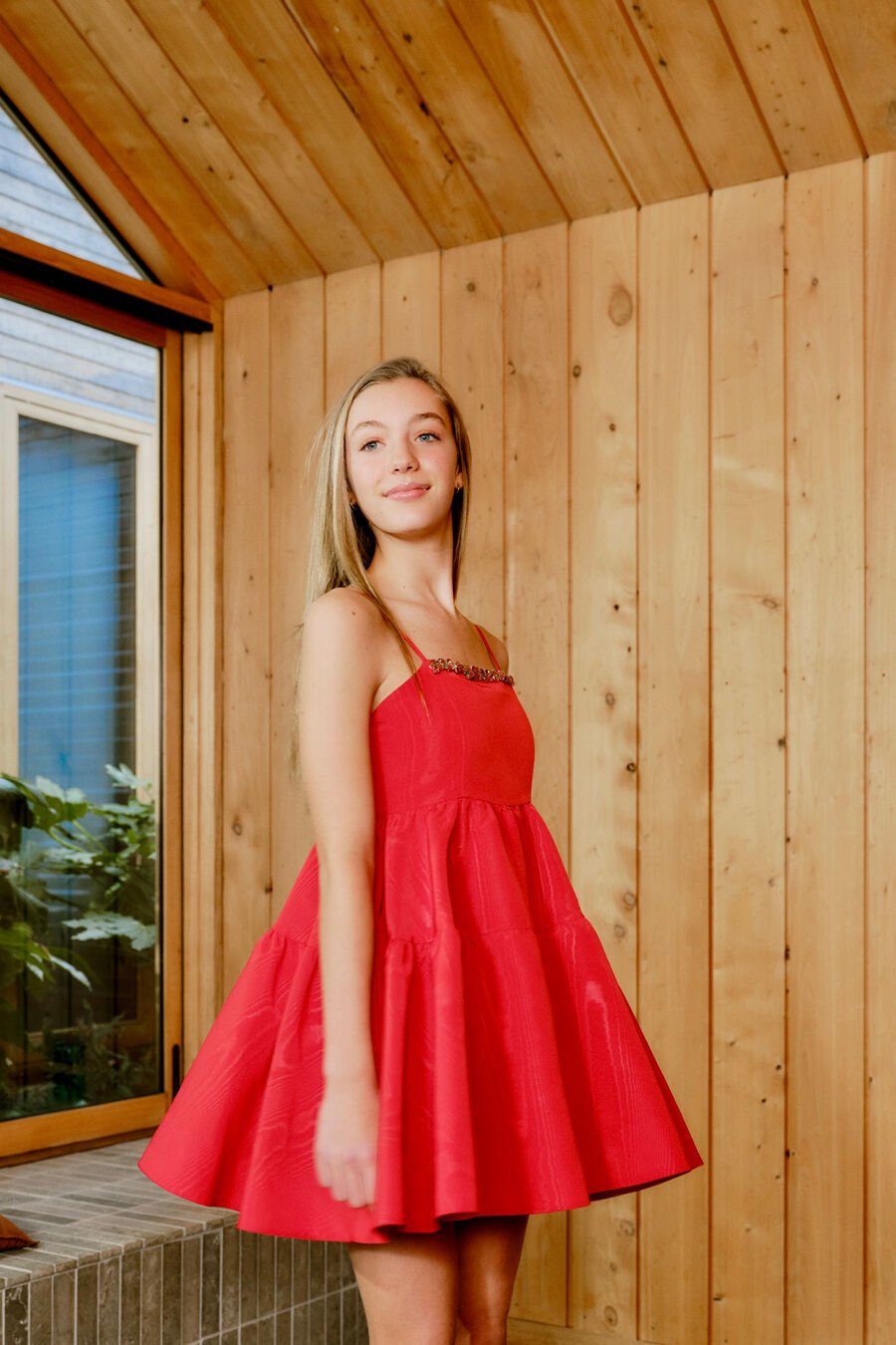 CHARLOTTE TRIM MINI DRESS in colour Red