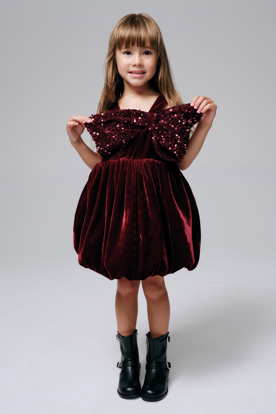 KIRRILY VELOUR BOW DRESS in colour Burgundy