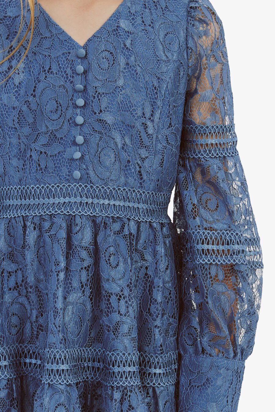 VENICE LACE MINI DRESS in colour STEEL BLUE