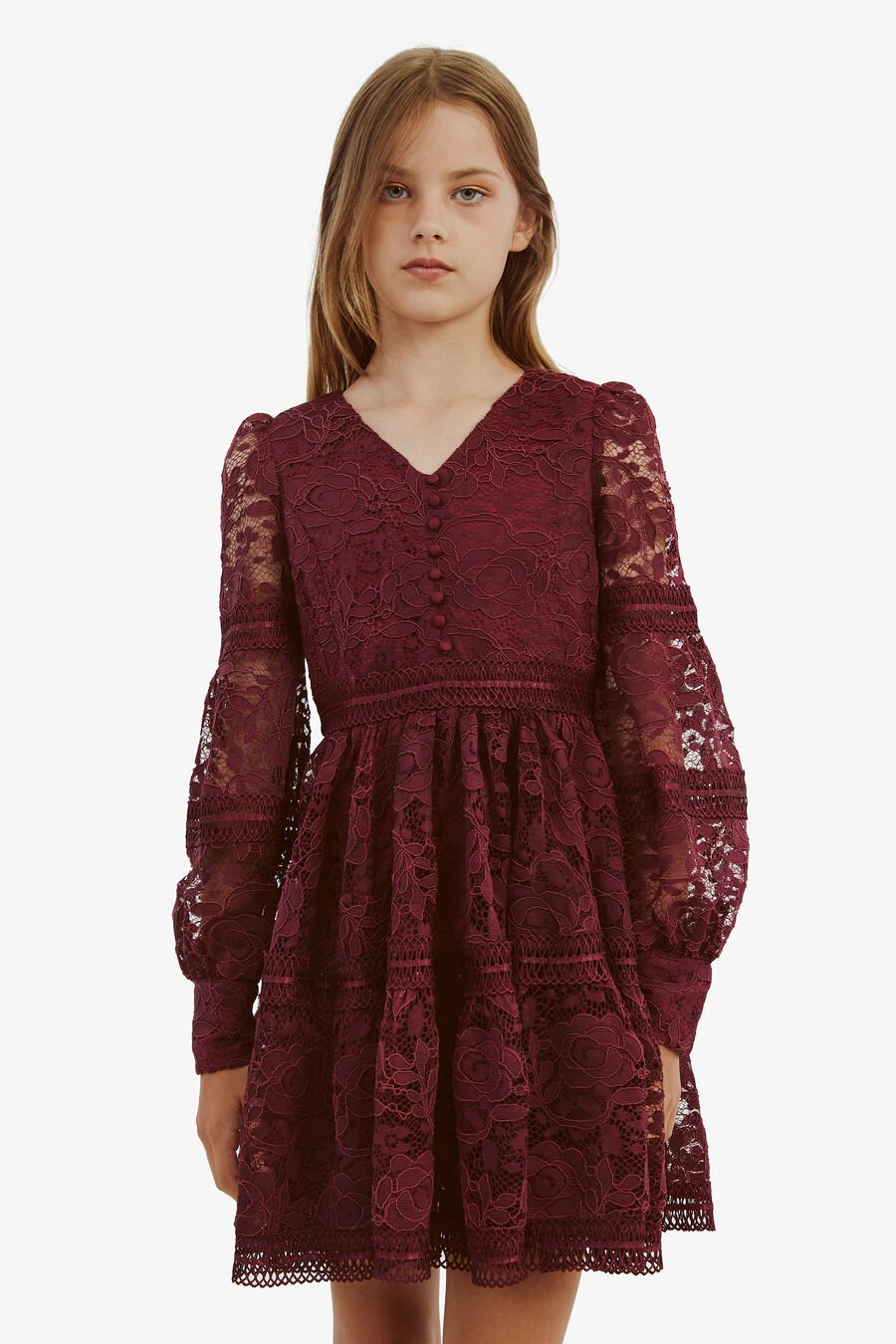 VENICE LACE MINI DRESS in colour BURGUNDY