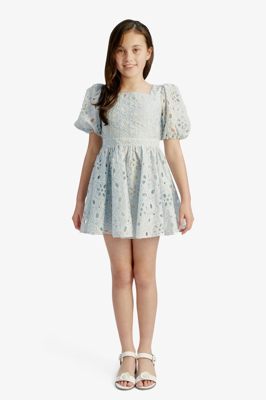 MARGO BRODERIE MINI DRESS in colour BLUE MIST