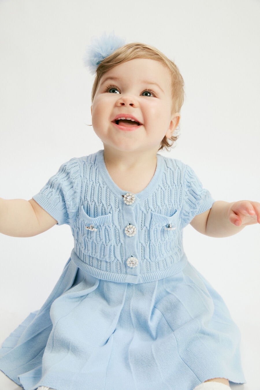 PLEAT KNIT MINI DRESS in colour DUSTYBLUE