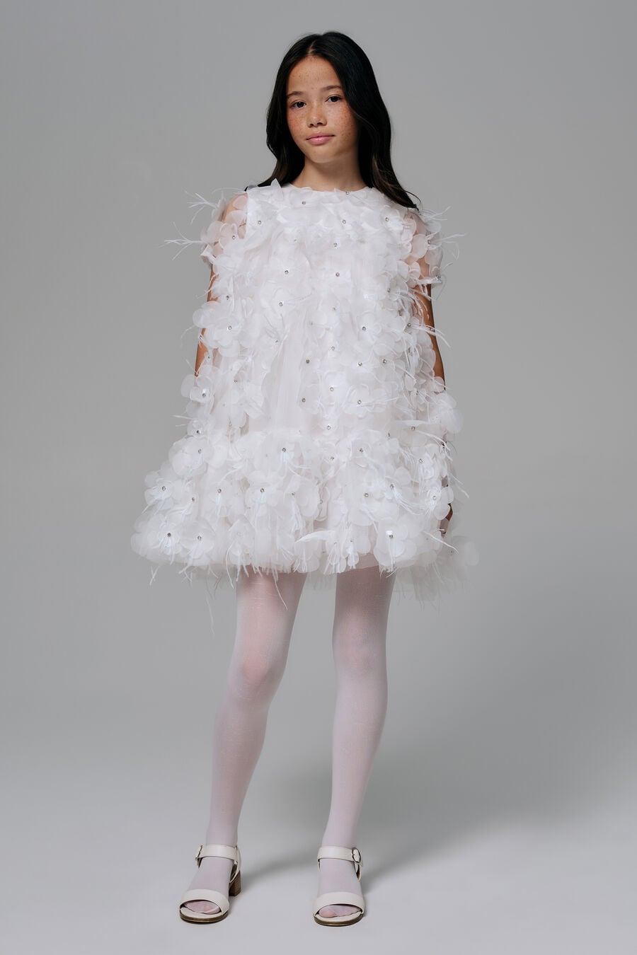 FLOWER DIAMATE TIERED DRESS in colour White