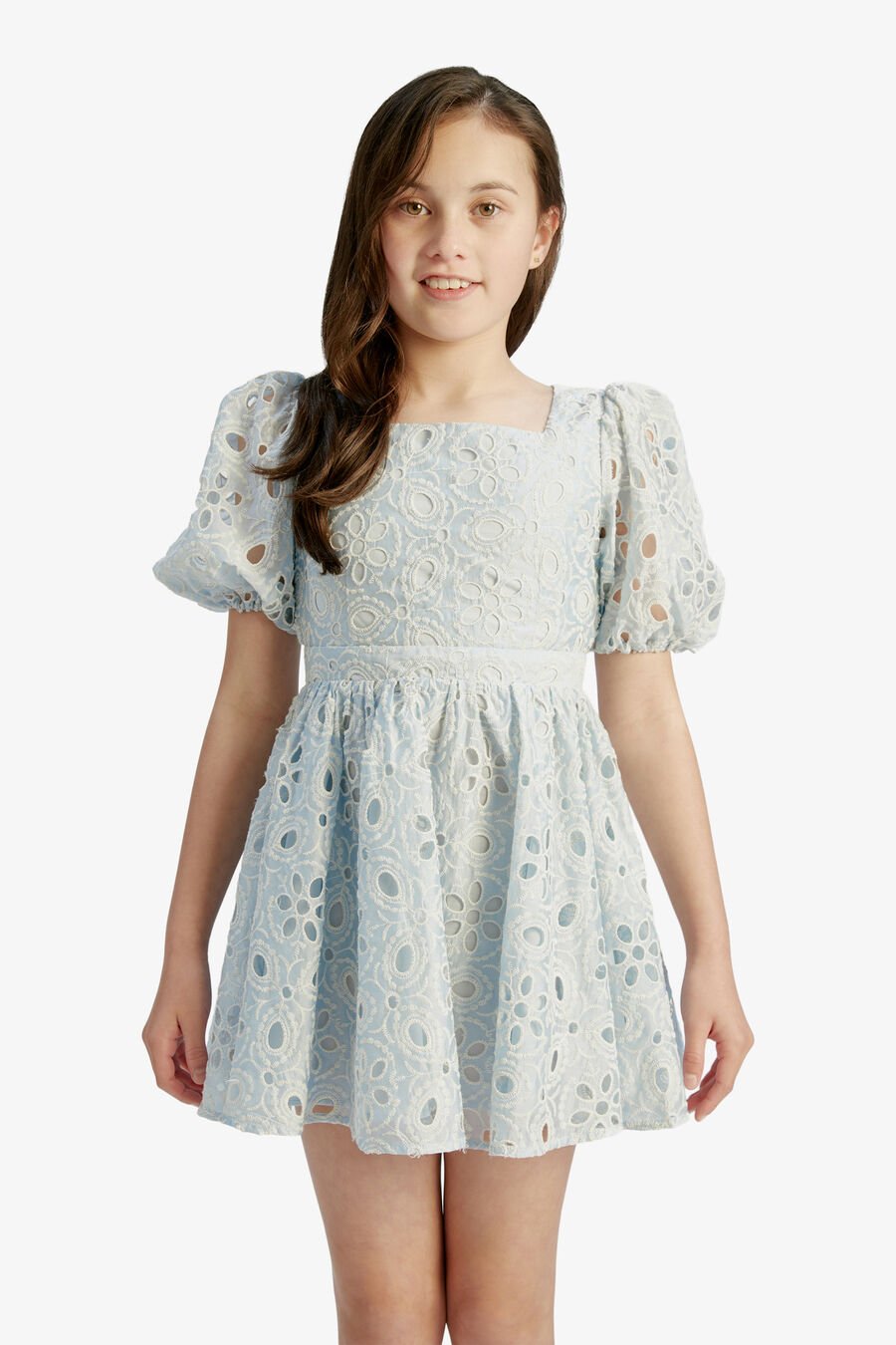 MARGO BRODERIE MINI DRESS in colour BLUE MIST
