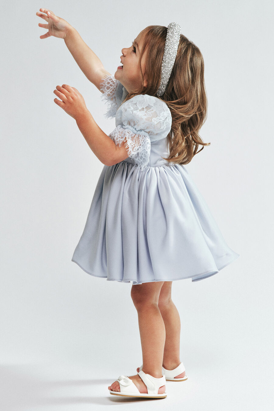 GRETA SATIN LACE DRESS in colour LIGHT BLUE