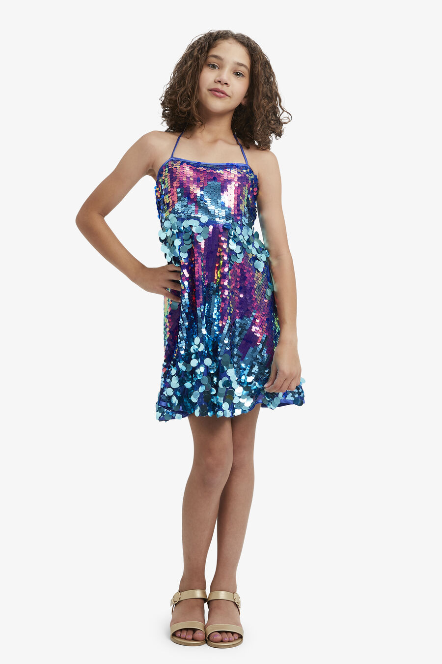 SEQUIN HALTER DRESS in colour CERULEAN