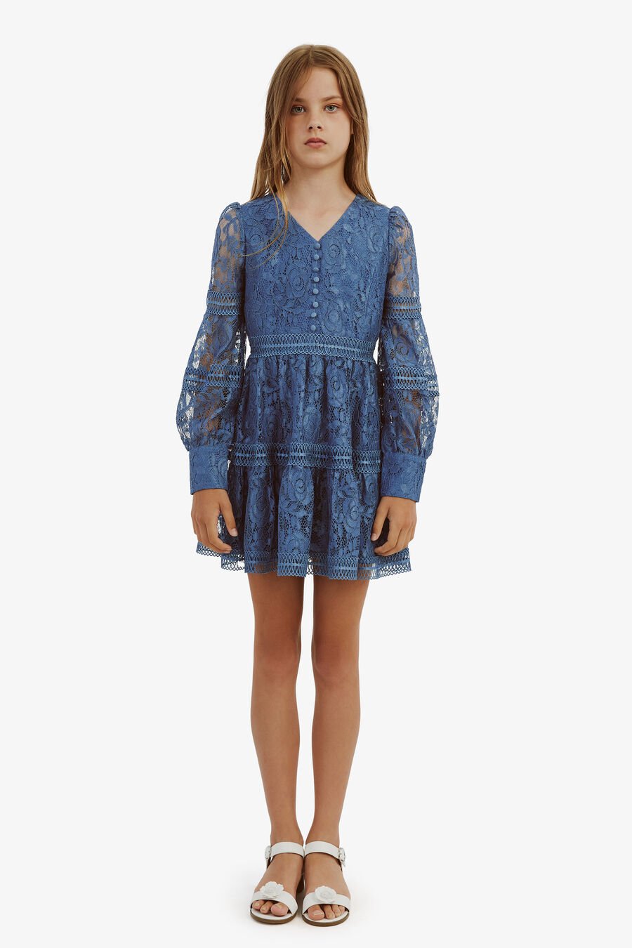 VENICE LACE MINI DRESS in colour STEEL BLUE