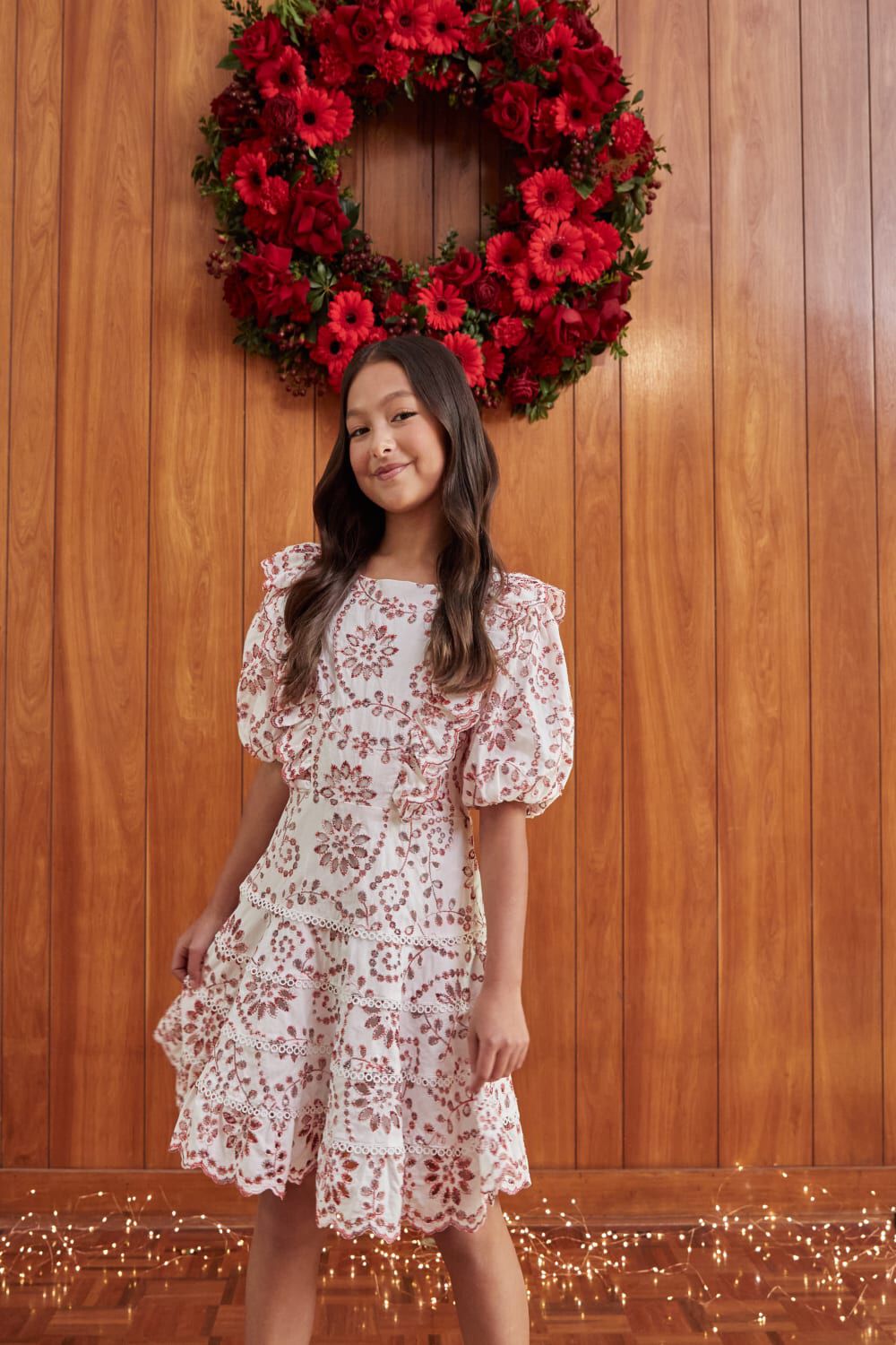 Girls Ameila Broderie Dress In Red white Bardot Junior