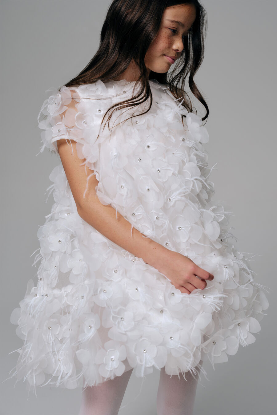 FLOWER DIAMATE TIERED DRESS in colour White
