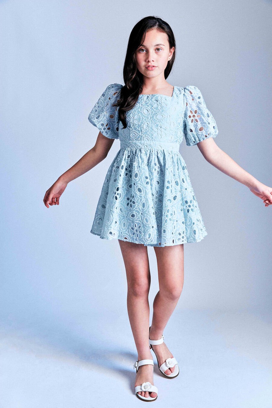 MARGO BRODERIE MINI DRESS in colour BLUE MIST