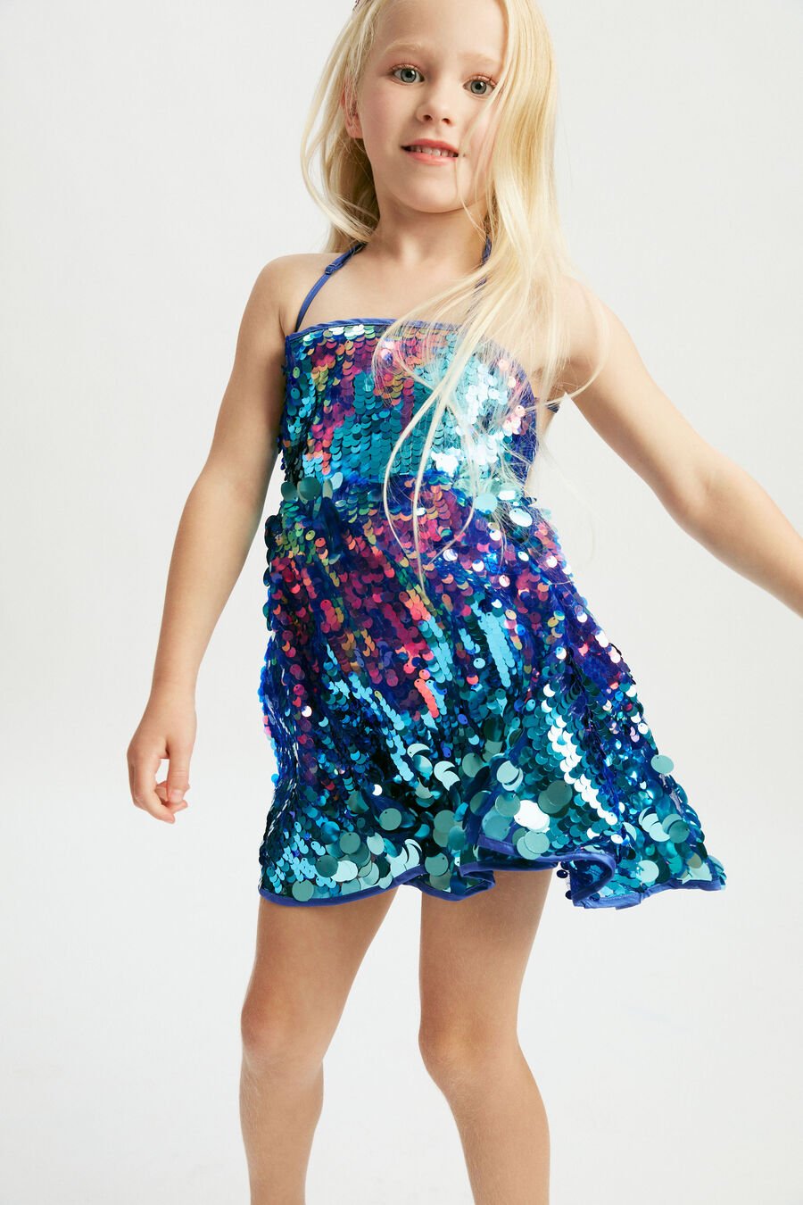 SEQUIN HALTER DRESS in colour CERULEAN