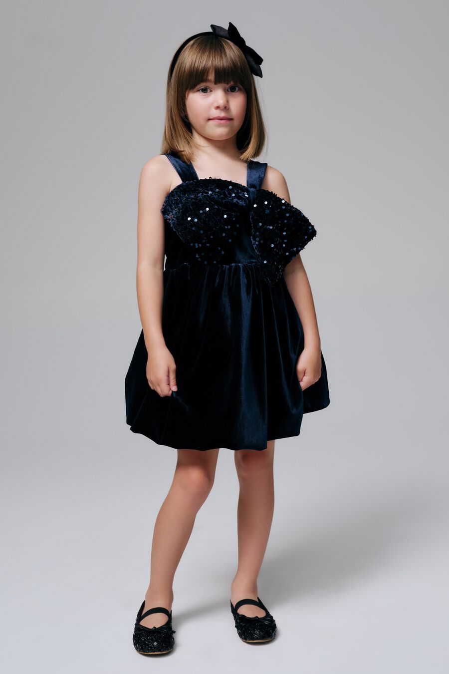 KIRRILY VELOUR BOW DRESS in colour Navy