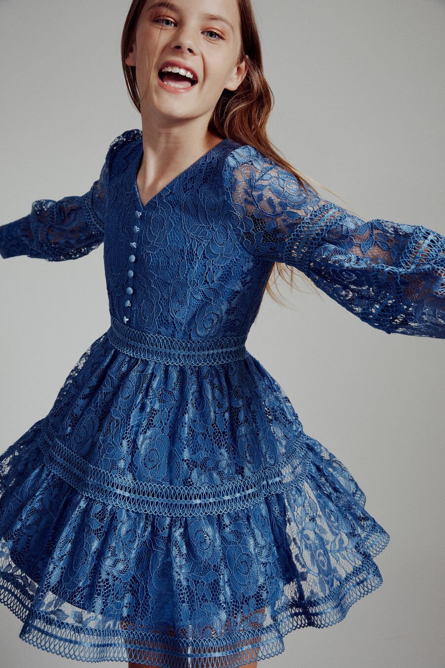 VENICE LACE MINI DRESS in colour STEEL BLUE