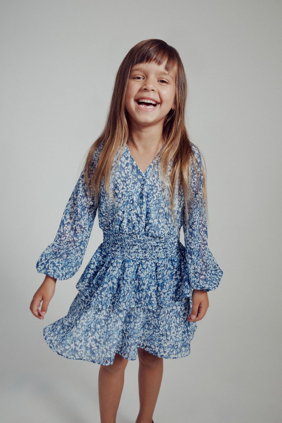 BELLA FLORAL SHIRRED DRESS in colour Blue Floral
