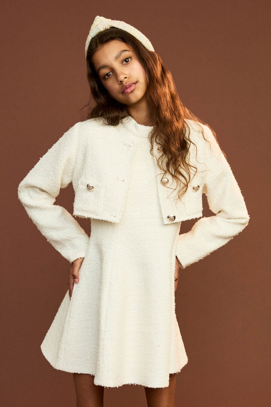 ZEPHYRA BOUCLE MINI DRESS in colour Ivory