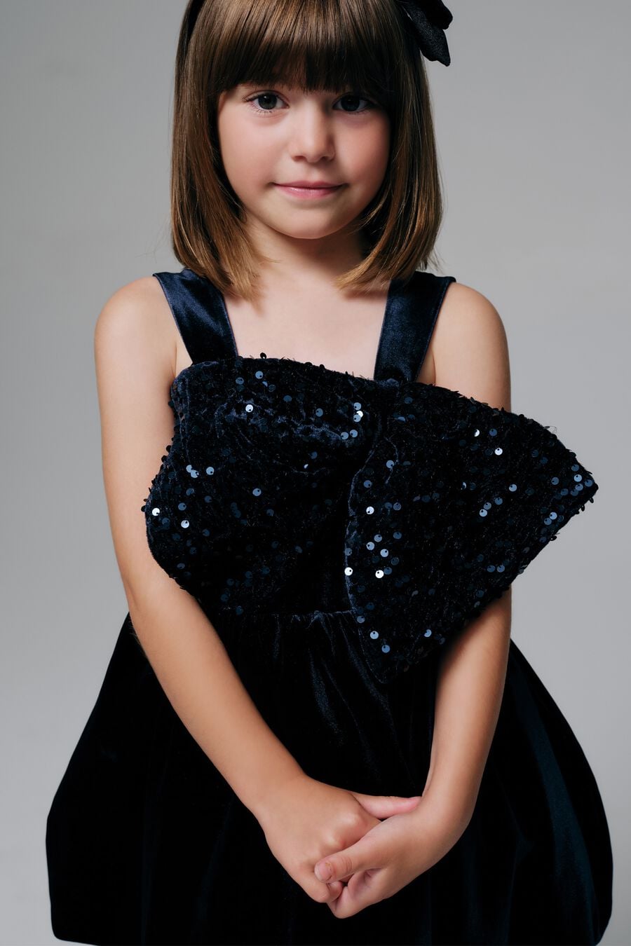 KIRRILY VELOUR BOW DRESS in colour Navy