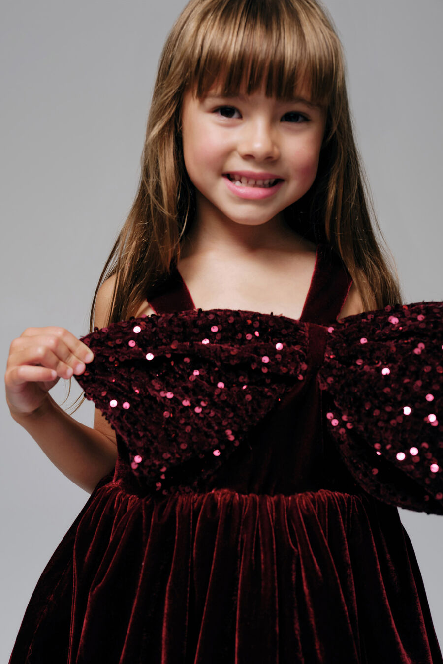 KIRRILY VELOUR BOW DRESS in colour Burgundy