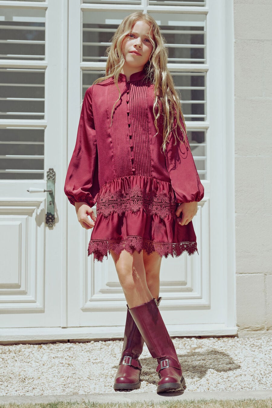 ANIE SATIN SHIRT DRESS in colour Burgundy