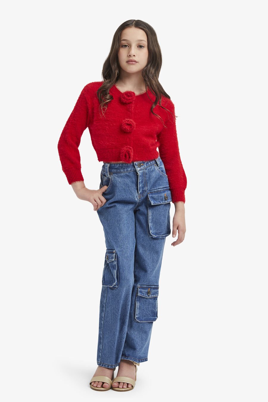 FLUFFY FLOWER CARDI in colour WINTER RED