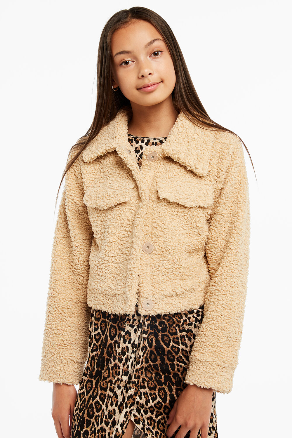 Tween Girl Crop Sherpa Jacket In Tan Bardot Junior