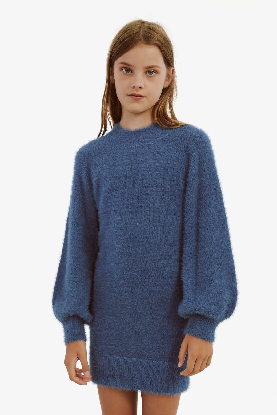 BELL SLV KNIT DRESS in colour STEEL BLUE