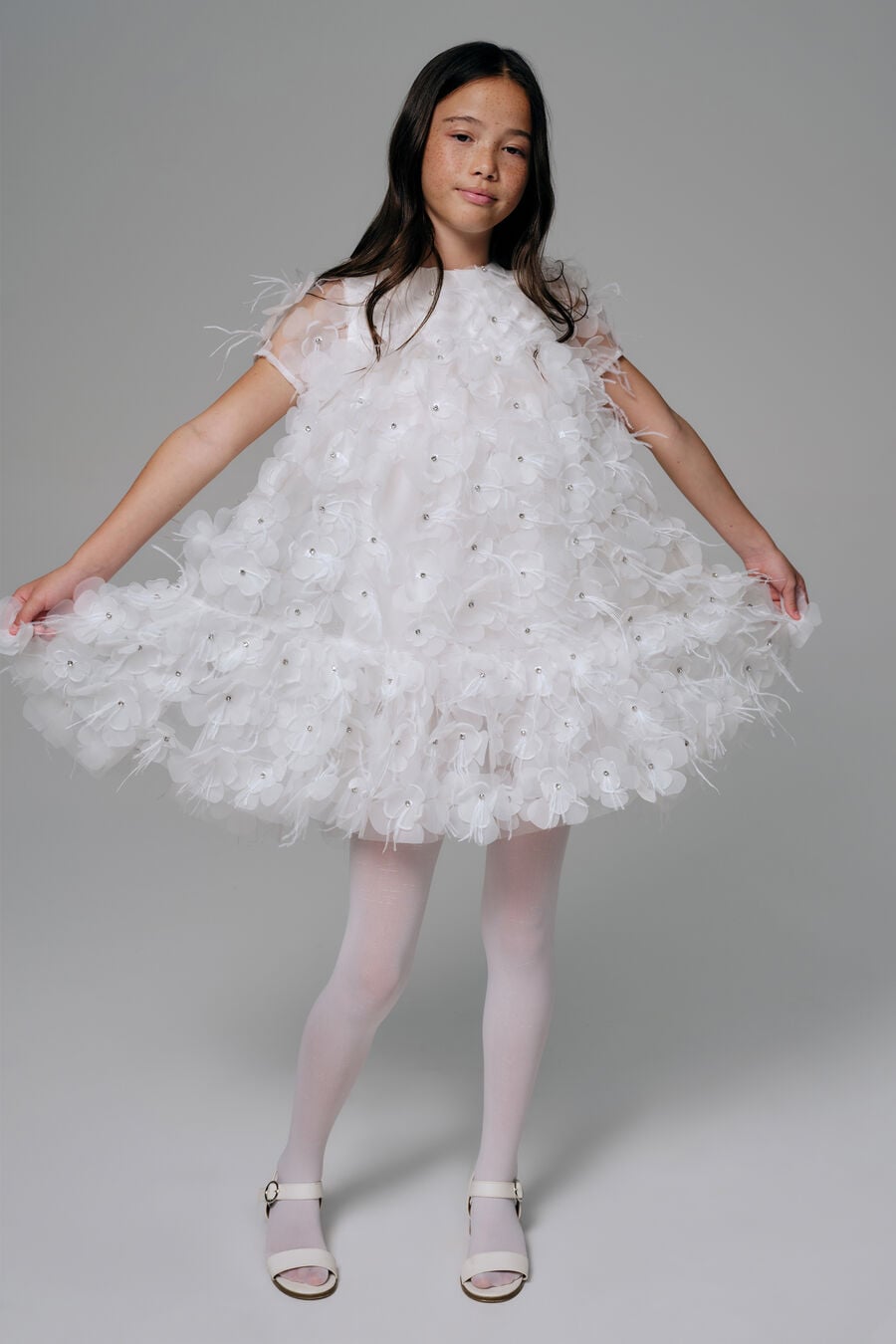 FLOWER DIAMATE TIERED DRESS in colour White