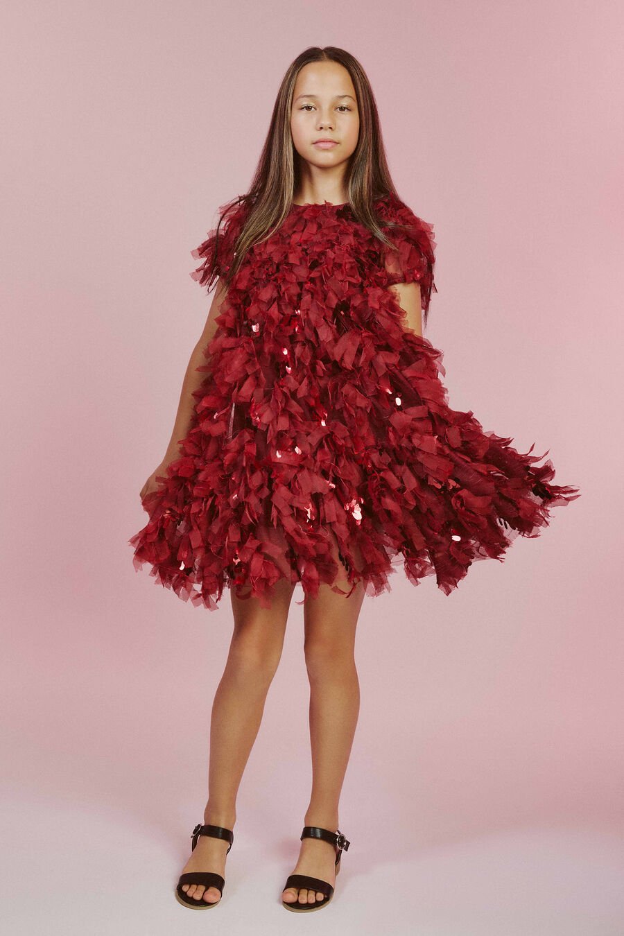 MALLORY TIERED DRESS in colour BURGUNDY