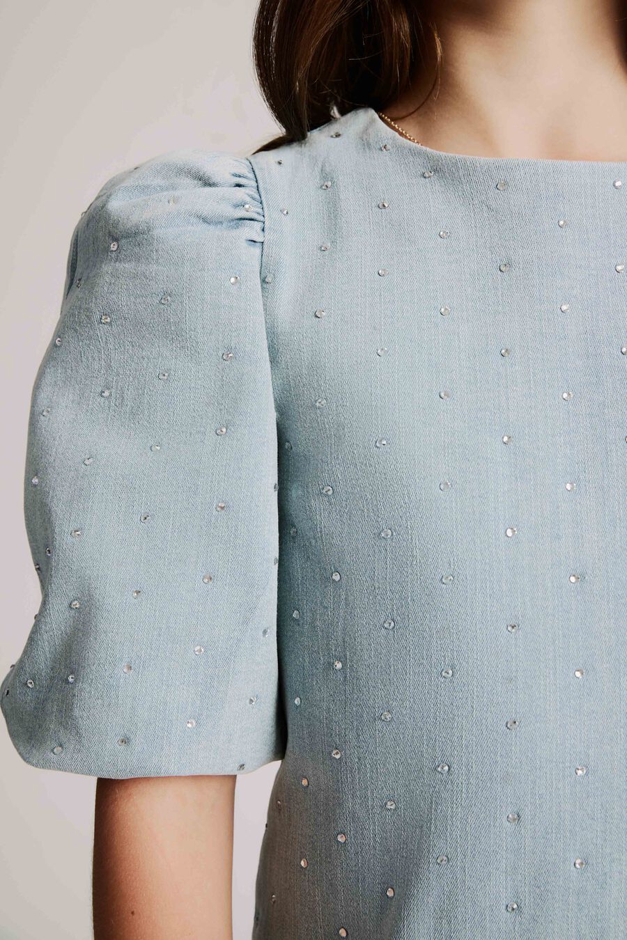 RHINESTONE MINI DRESS in colour LIGHT WASH