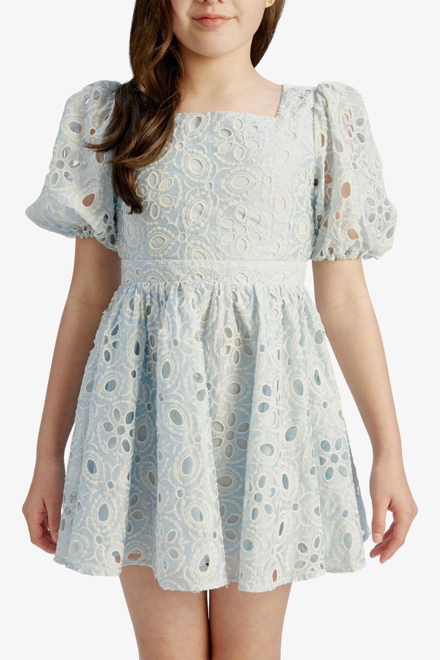 MARGO BRODERIE MINI DRESS in colour BLUE MIST