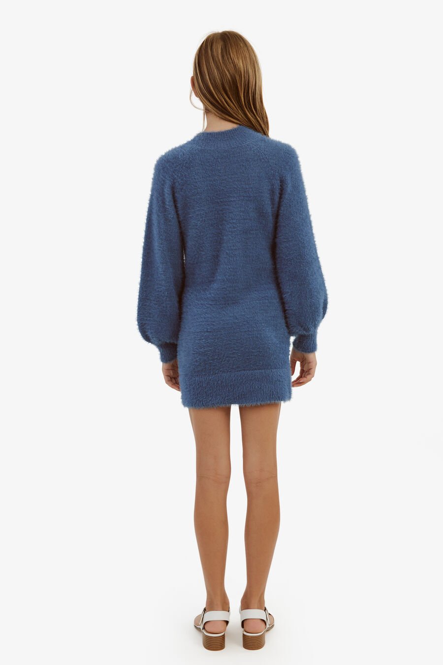 BELL SLV KNIT DRESS in colour STEEL BLUE