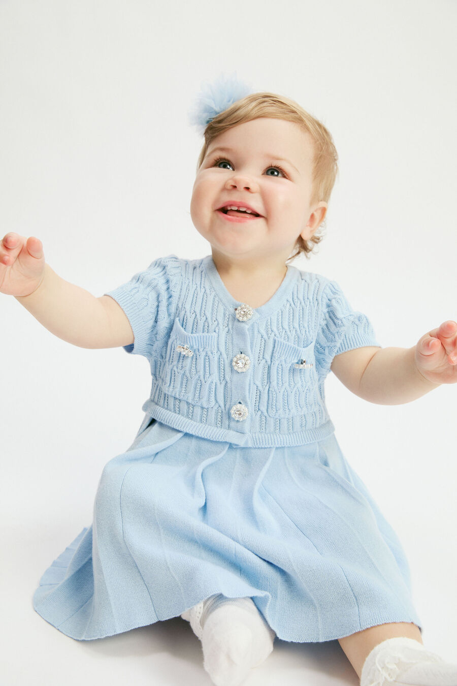 PLEAT KNIT MINI DRESS in colour DUSTYBLUE
