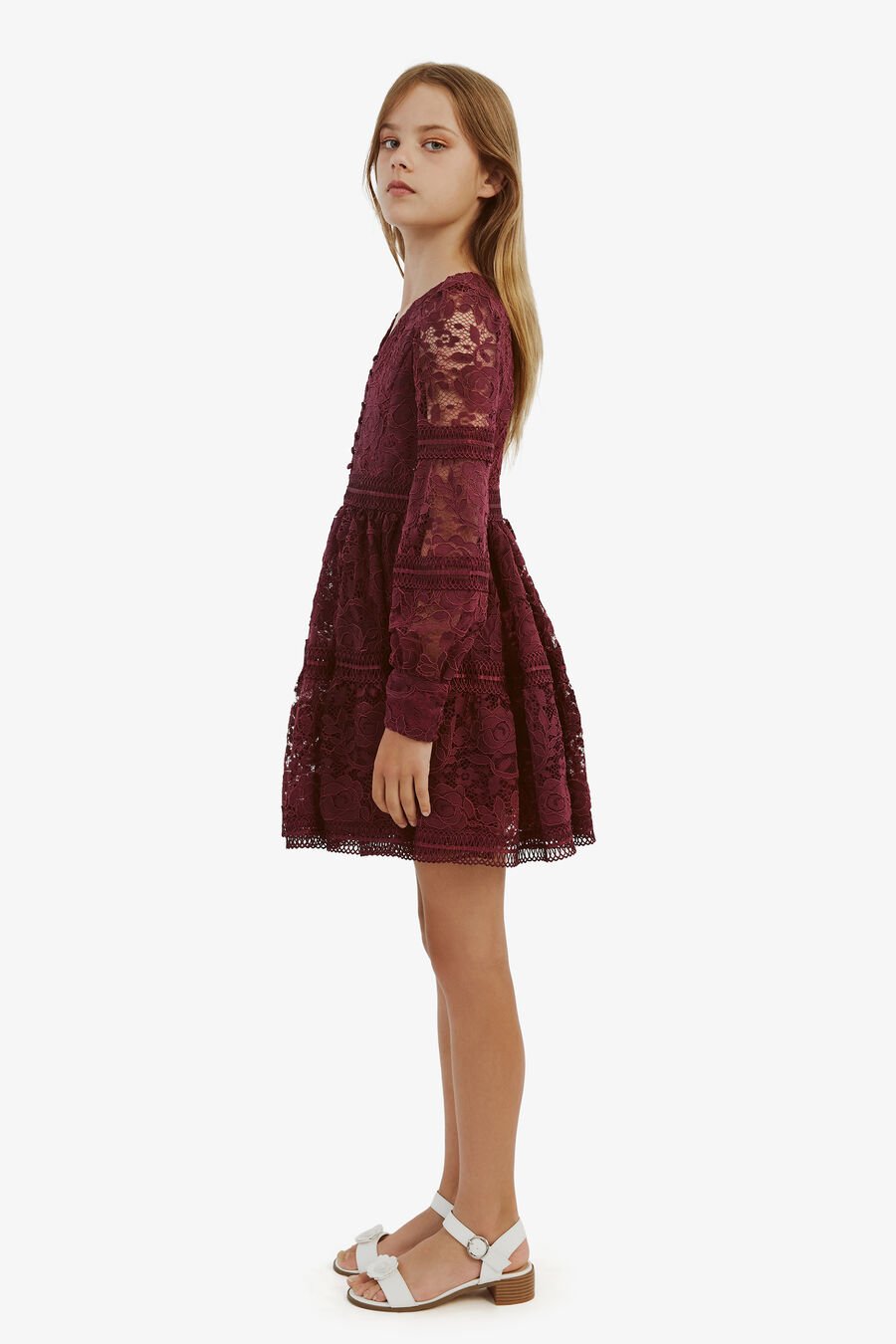 VENICE LACE MINI DRESS in colour BURGUNDY