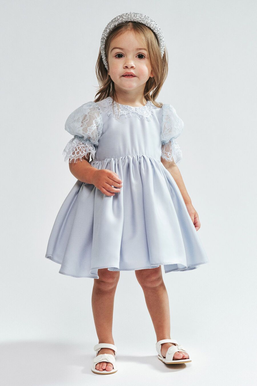 GRETA SATIN LACE DRESS in colour LIGHT BLUE