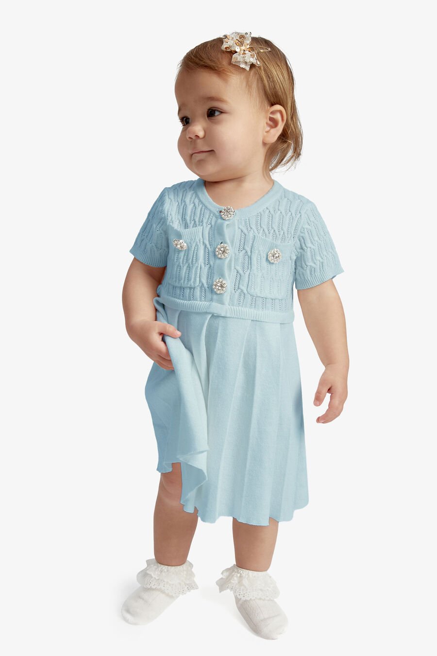 PLEAT KNIT MINI DRESS in colour DUSTYBLUE