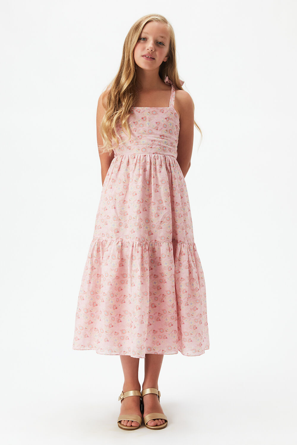 Girls Tiered Floral Maxi Dress In Pink Floral Bardot Junior