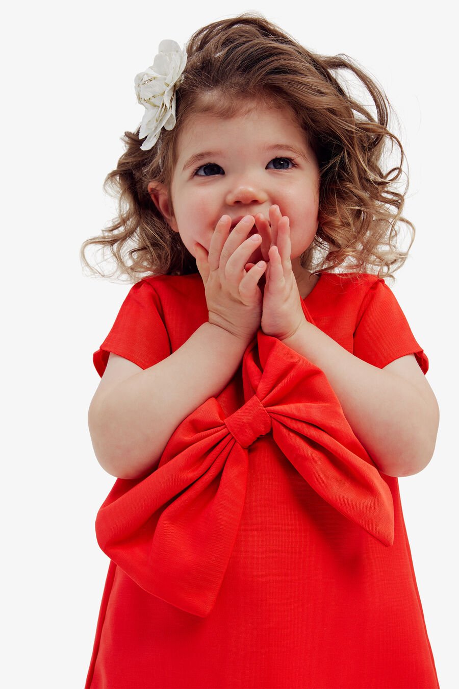 STEFANIA BOW MINI DRESS in colour FIRE RED