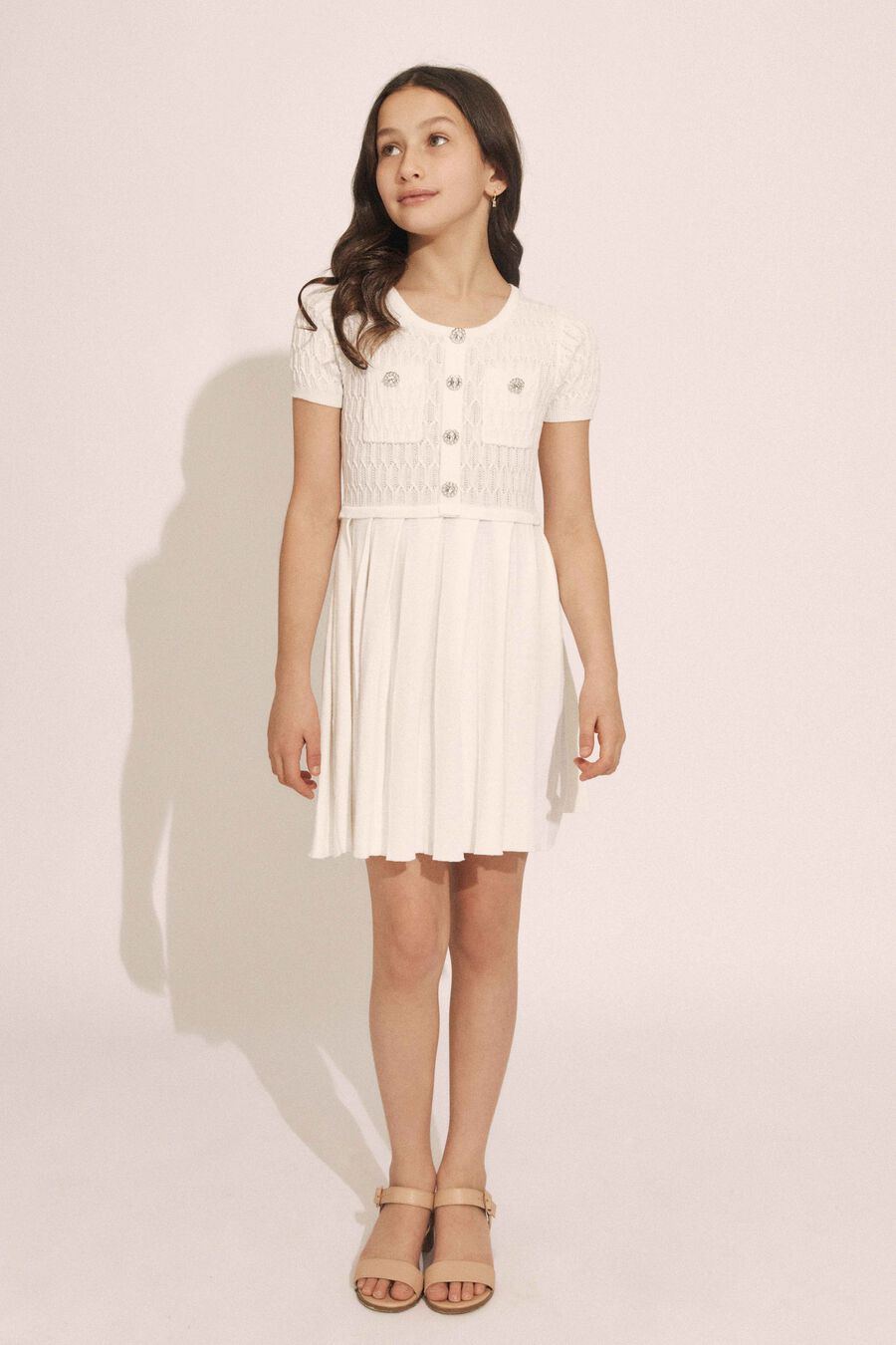 PLEAT KNIT MINI DRESS in colour IVORY