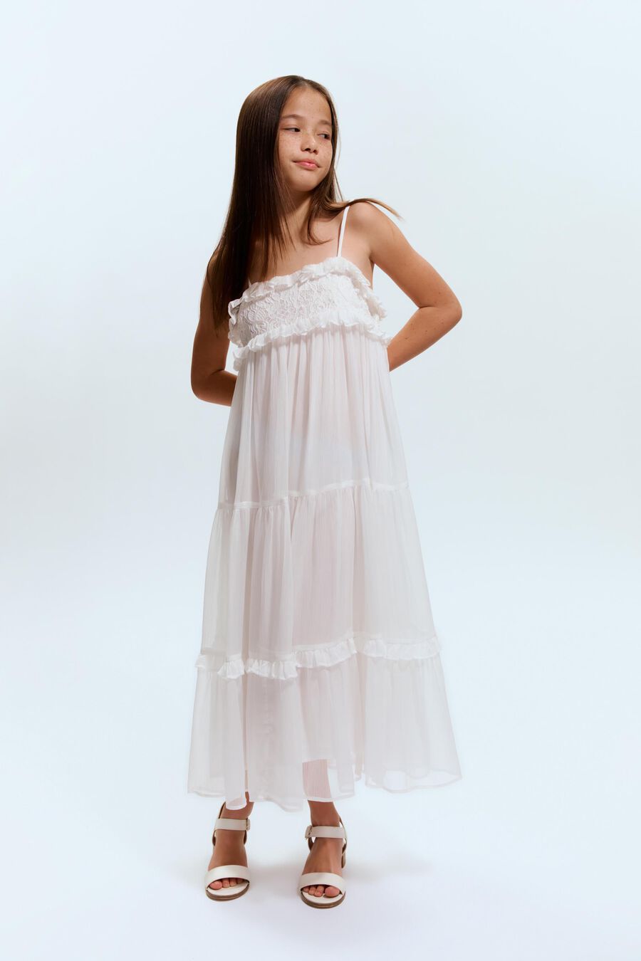 ANNA CRINKLE CHIFFON DRESS in colour White