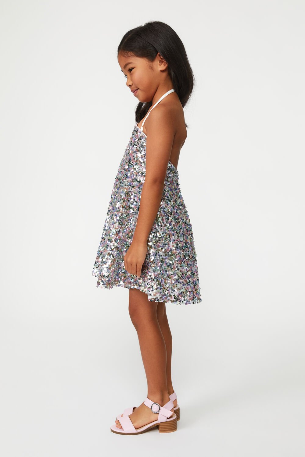 GIRLS SEQUIN HALTER DRESS in colour HOT PINK