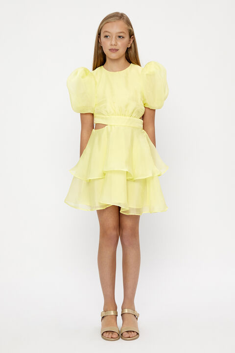 GIRLS ENYA ORGANZA MINI DRESS in colour BUTTERCUP