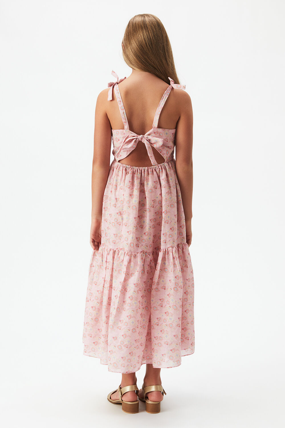 GIRLS TIERED FLORAL MAXI DRESS in colour PEACH WHIP