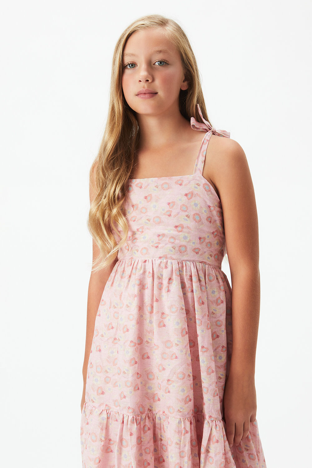 GIRLS TIERED FLORAL MAXI DRESS in colour PEACH WHIP