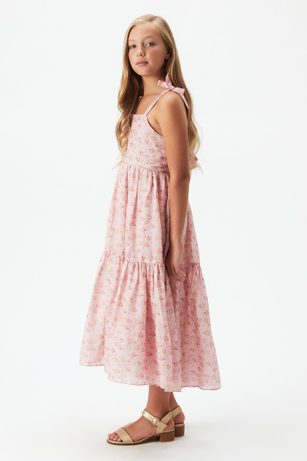 GIRLS TIERED FLORAL MAXI DRESS in colour PEACH WHIP