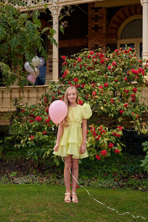 GIRLS ENYA ORGANZA MINI DRESS in colour BUTTERCUP