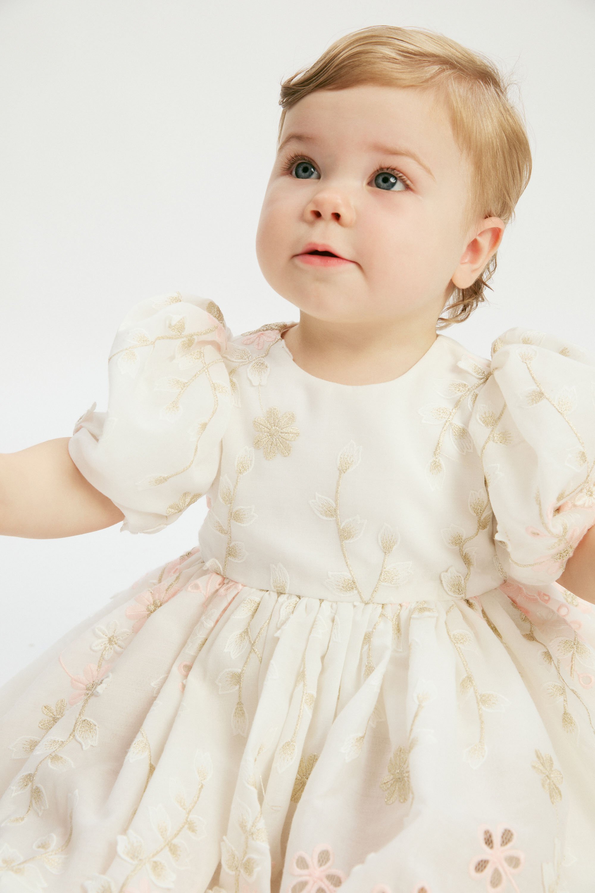 Shop Bardot Junior Baby Girl Embroidered Poof Mini Dress In Gold Leaf